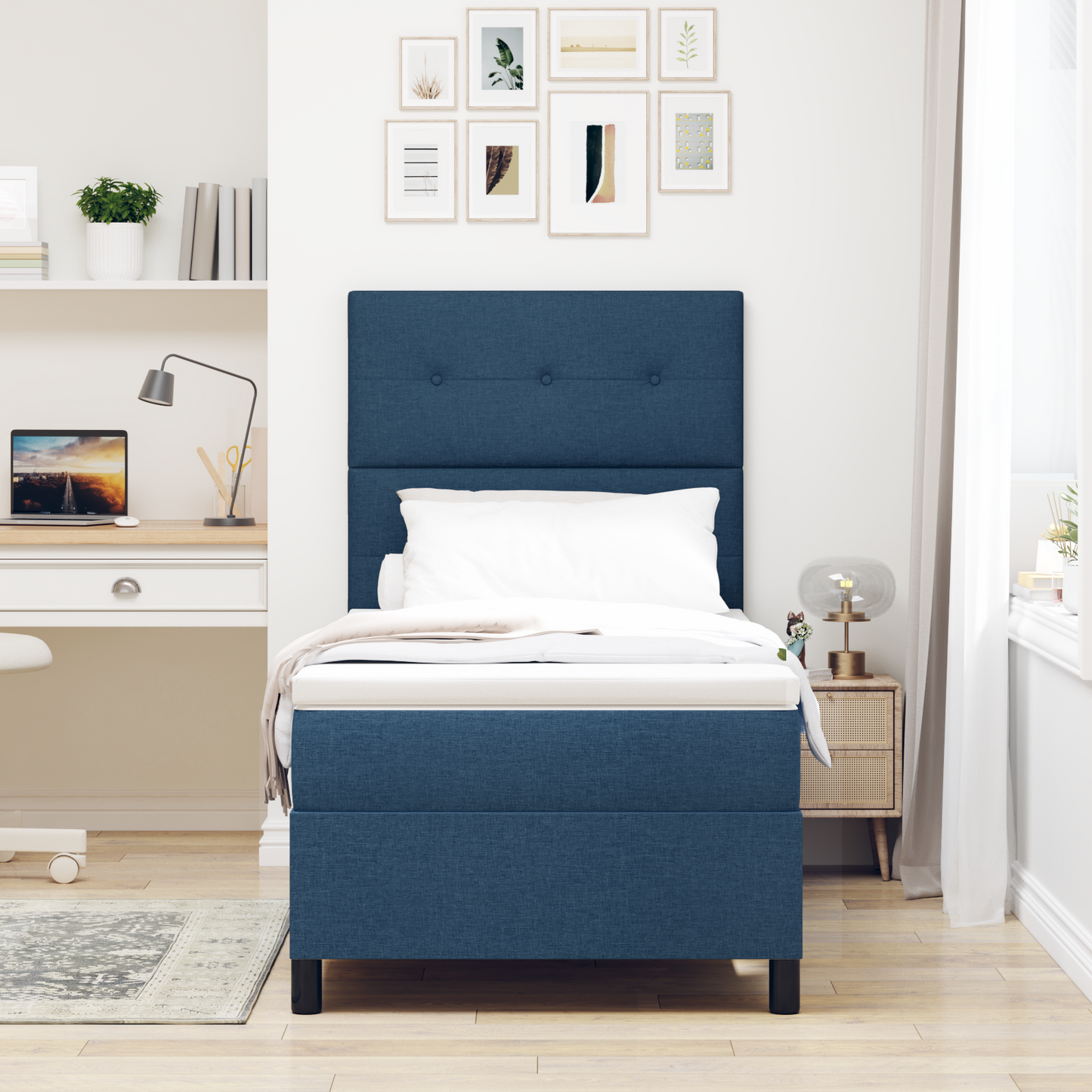 Box Spring Seng Med Madras Med Hovedgærde Blå 90 X 200 Cm Stof