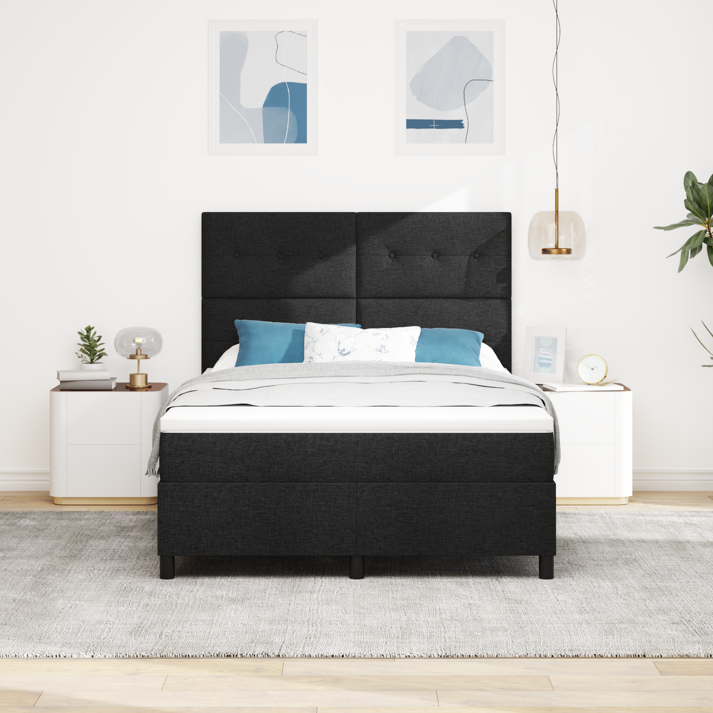 Box Spring Seng Med Madras Sort 140 X 200 Cm Stof
