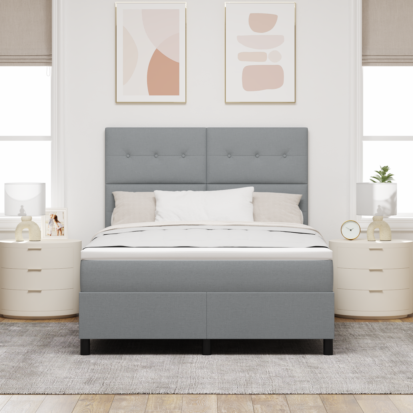 Box Spring Seng Med Madras Lysegrå 160 X 200 Cm Stof