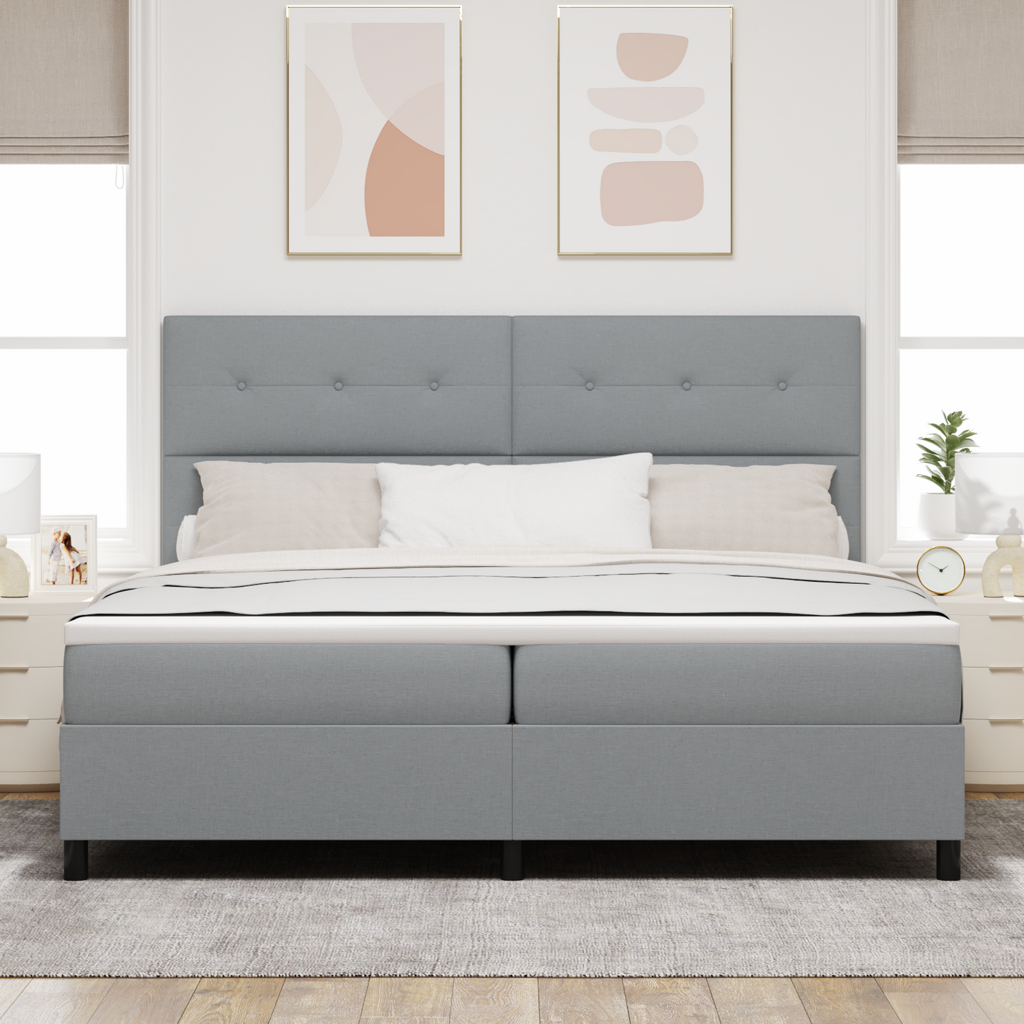 Box Spring Seng Med Madras Lys Grå 200X200 Cm Stof