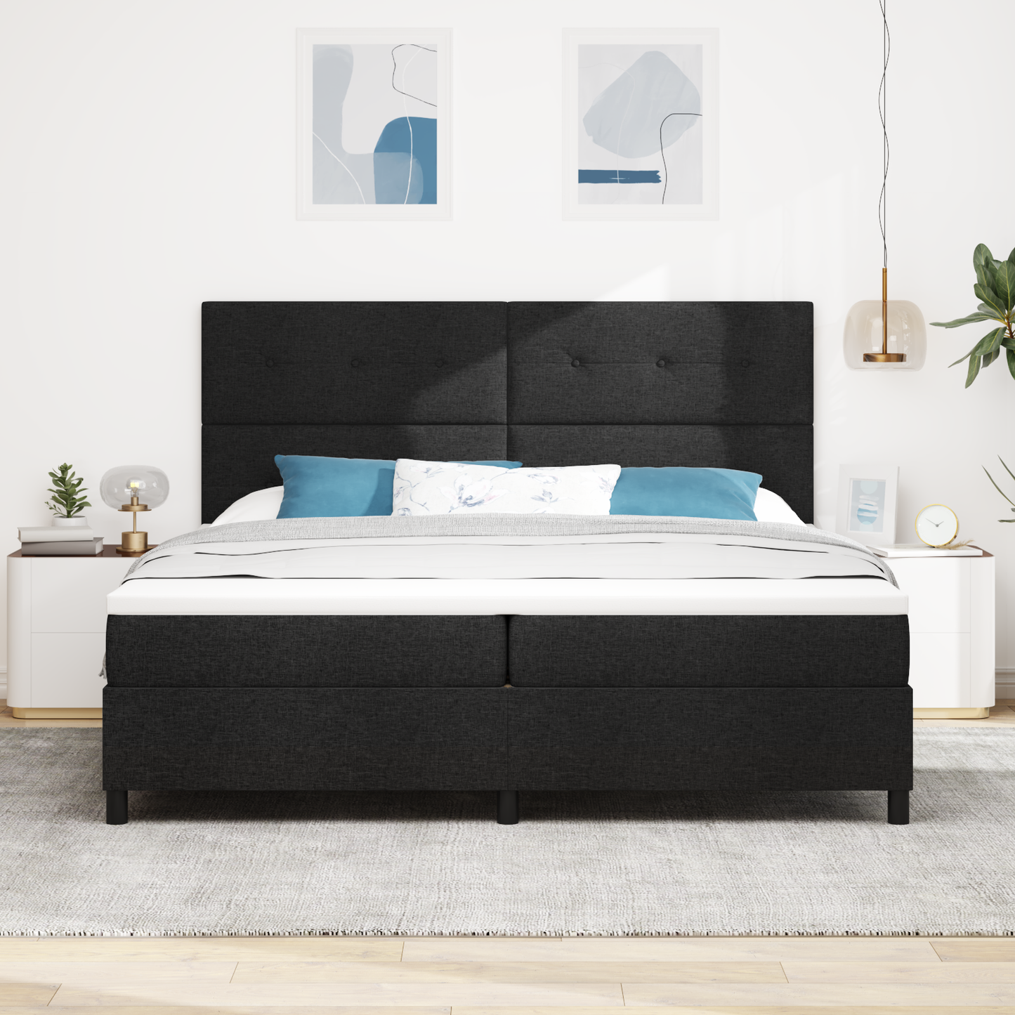 Box Spring Seng Med Madras Sort 200 X 200 Cm Stof