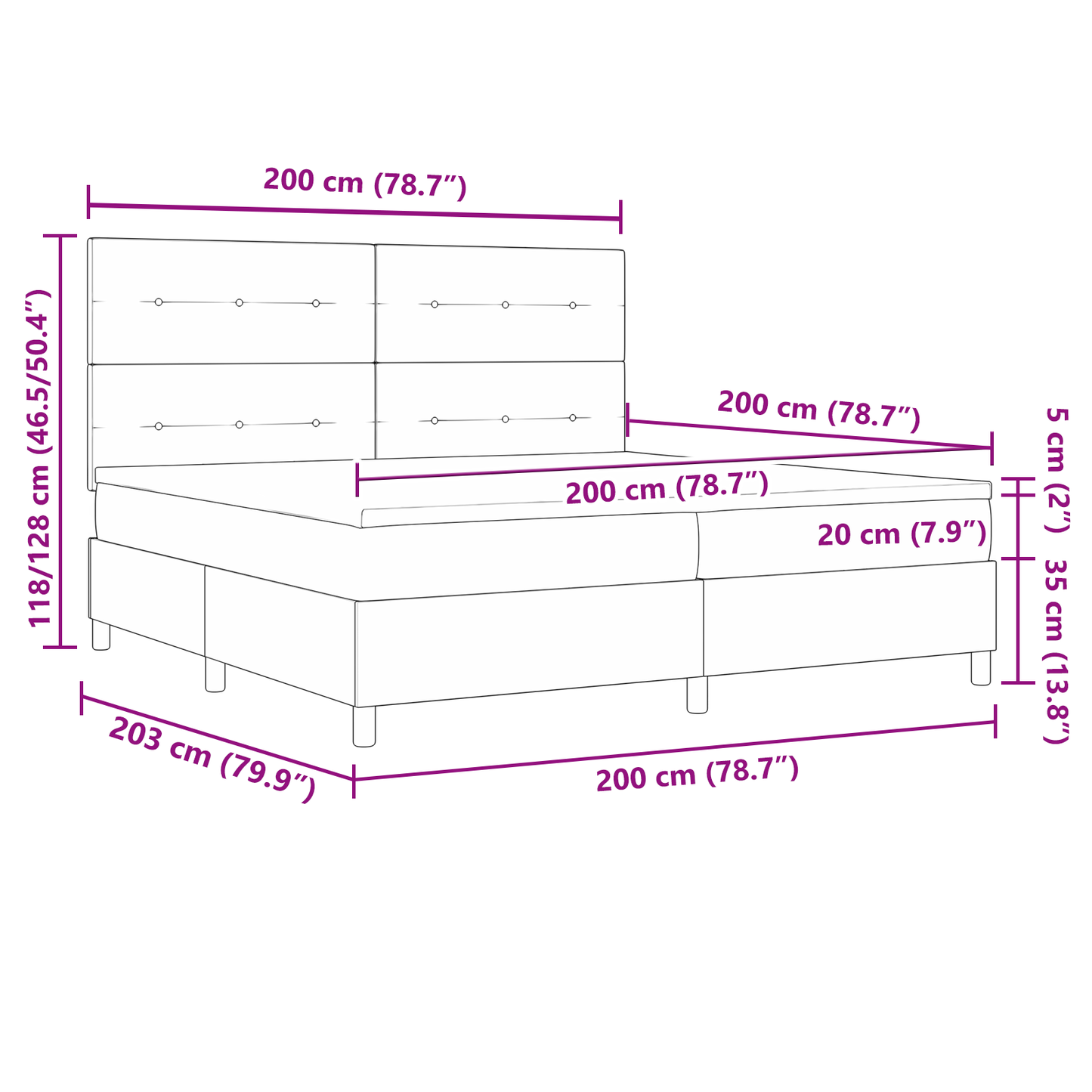 Box Spring Seng Med Madras Sort 200 X 200 Cm Stof