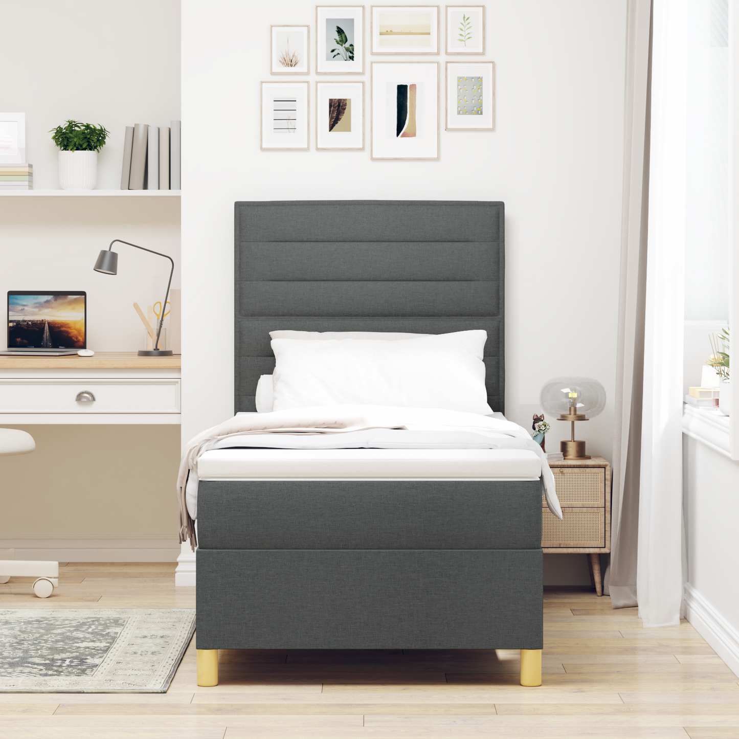Box Spring Seng Med Hovedgærde Mørkegrå 90 X 200 Cm Stof