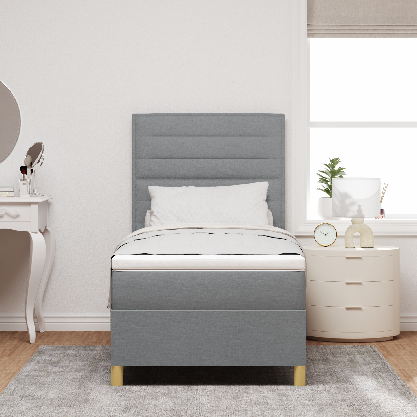 Box Spring Seng Med Hovedgærde Lysegrå 100 X 200 Cm Stof