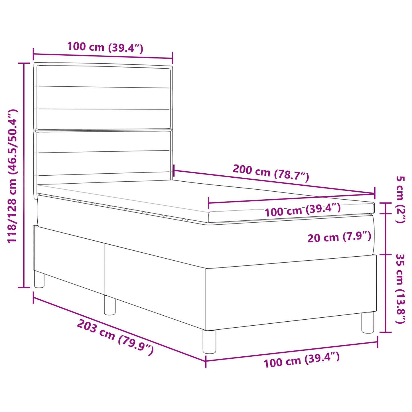 Box Spring Seng Med Hovedgærde Sort 100 X 200 Cm Stof