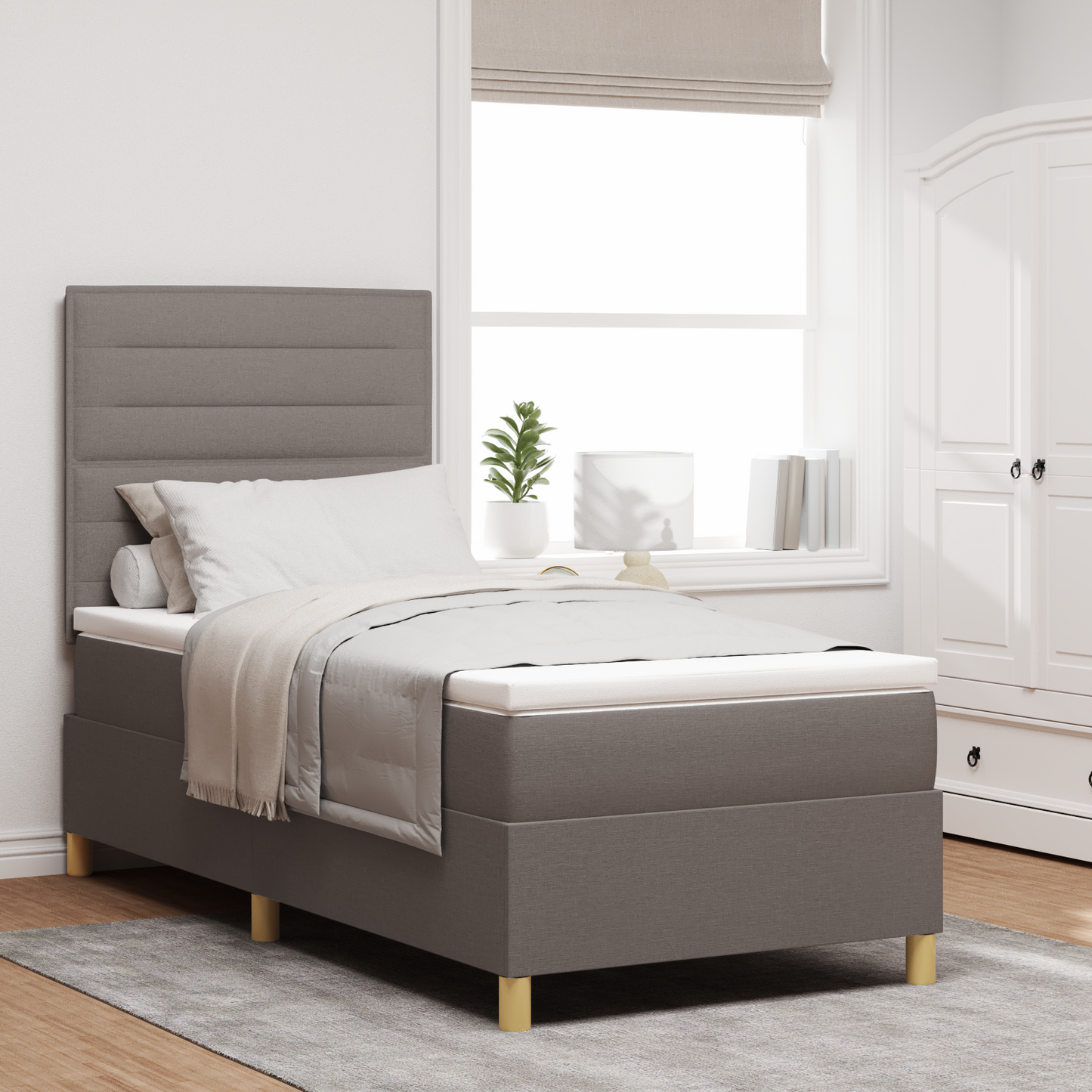 Box Spring Seng Med Hovedgærde Gråbrun 100 X 200 Cm Stof