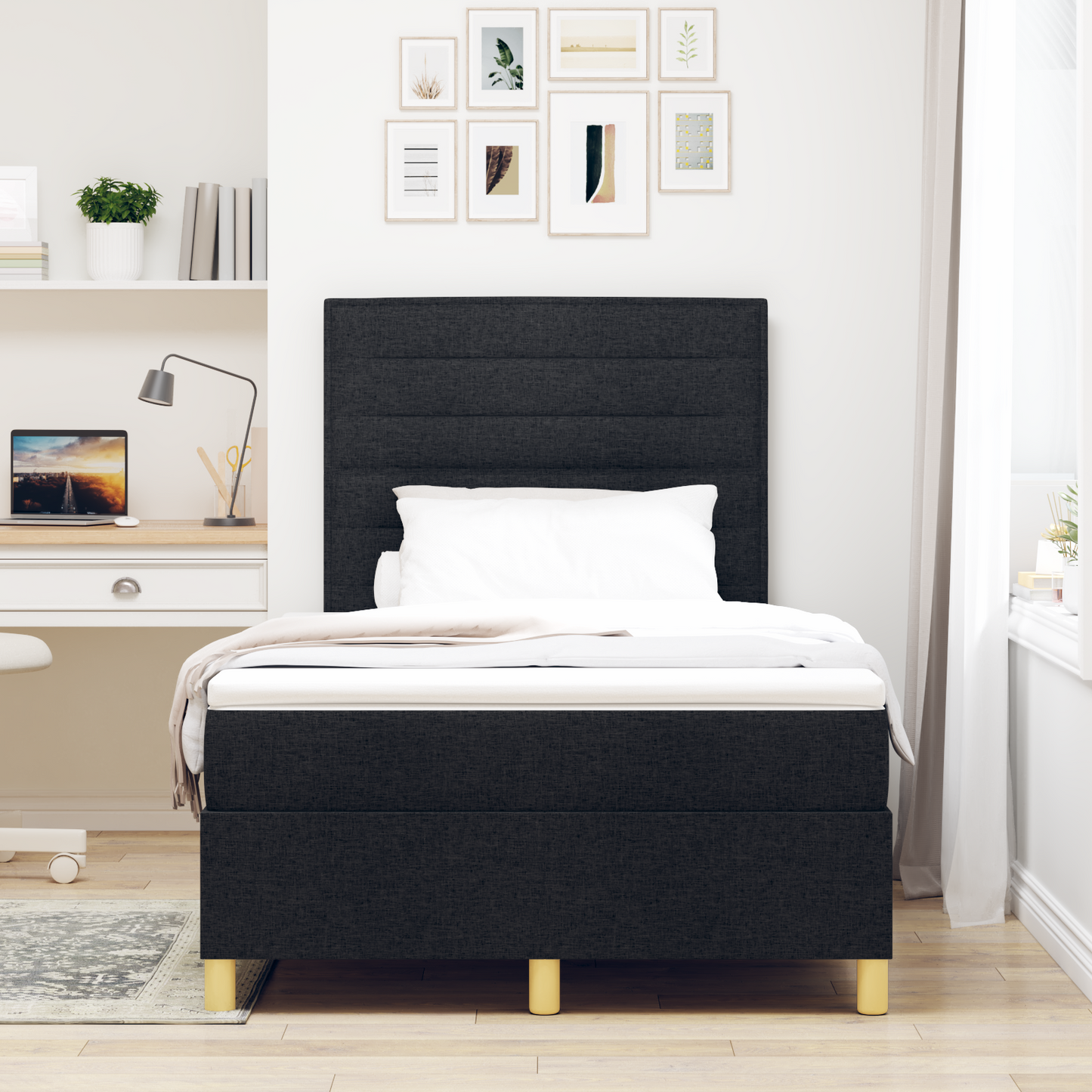 Box Spring Seng Med Hovedgærde Sort 120 X 200 Cm Stof