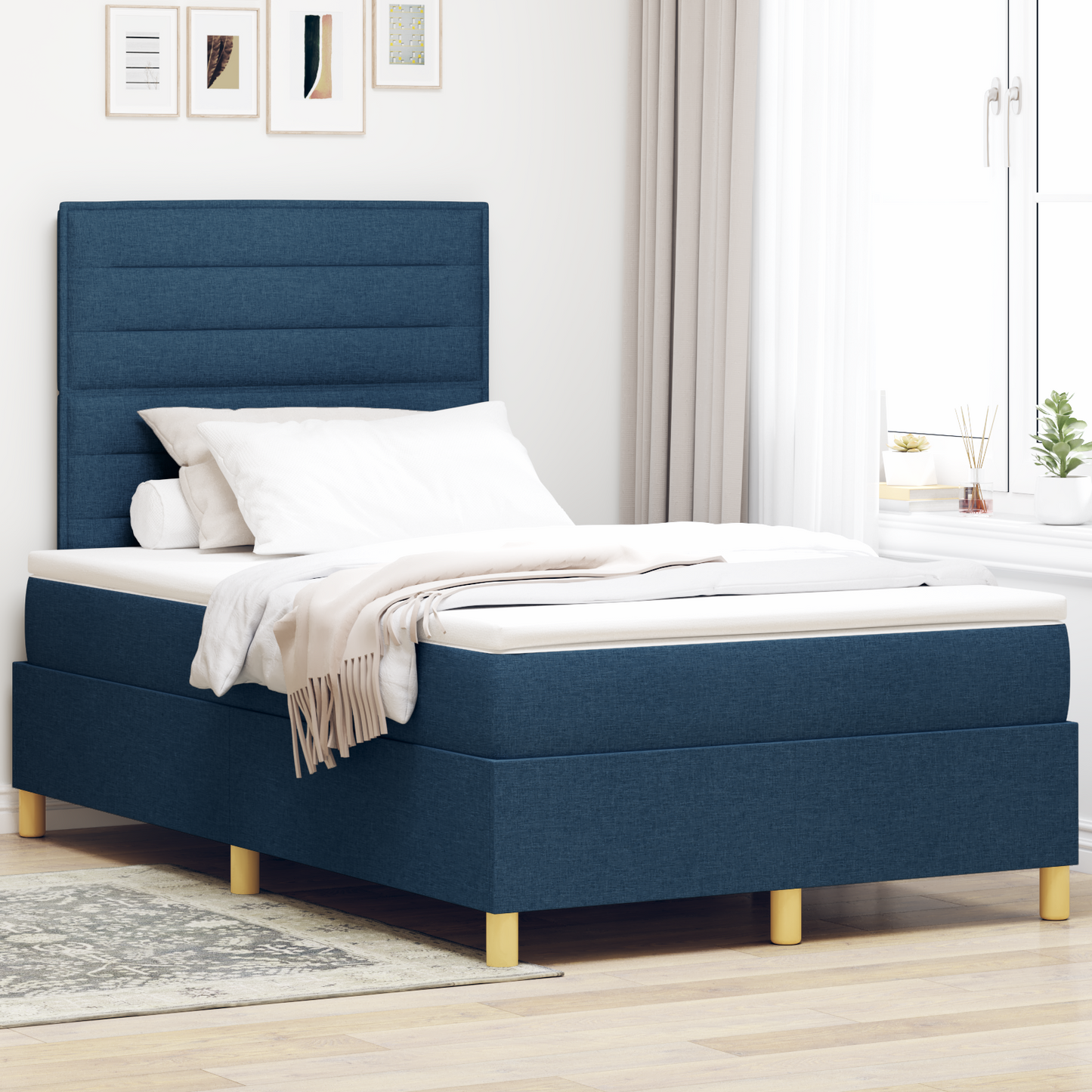 Box Spring Seng Med Hovedgærde Blå 120 X 200 Cm Stof