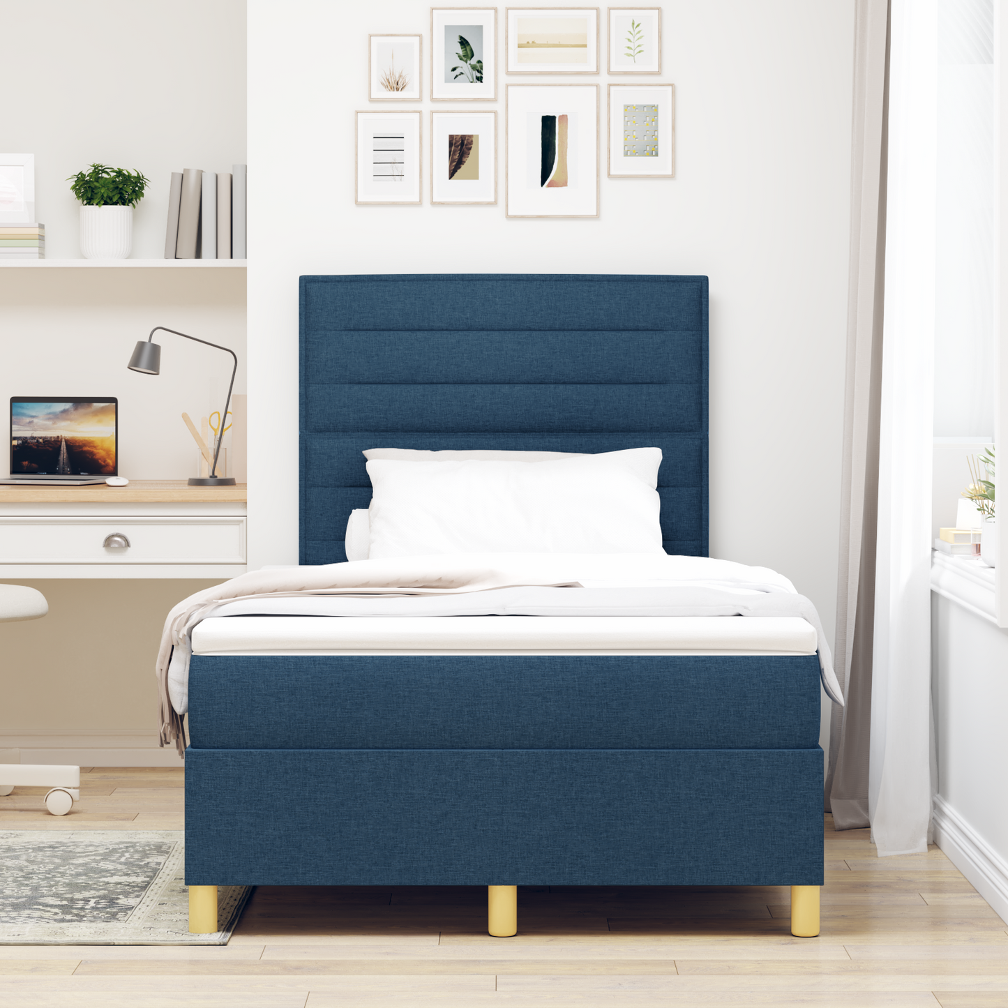 Box Spring Seng Med Hovedgærde Blå 120 X 200 Cm Stof