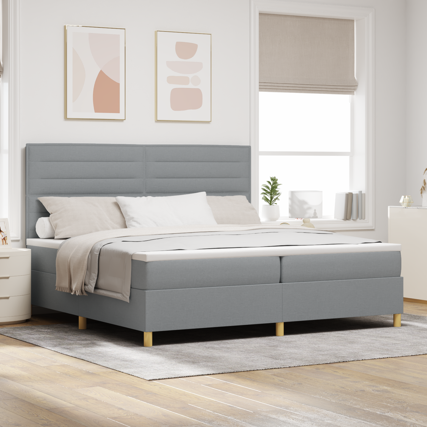 Box Spring Seng Med Hovedgærde Lysegrå 200 X 200 Cm Stof