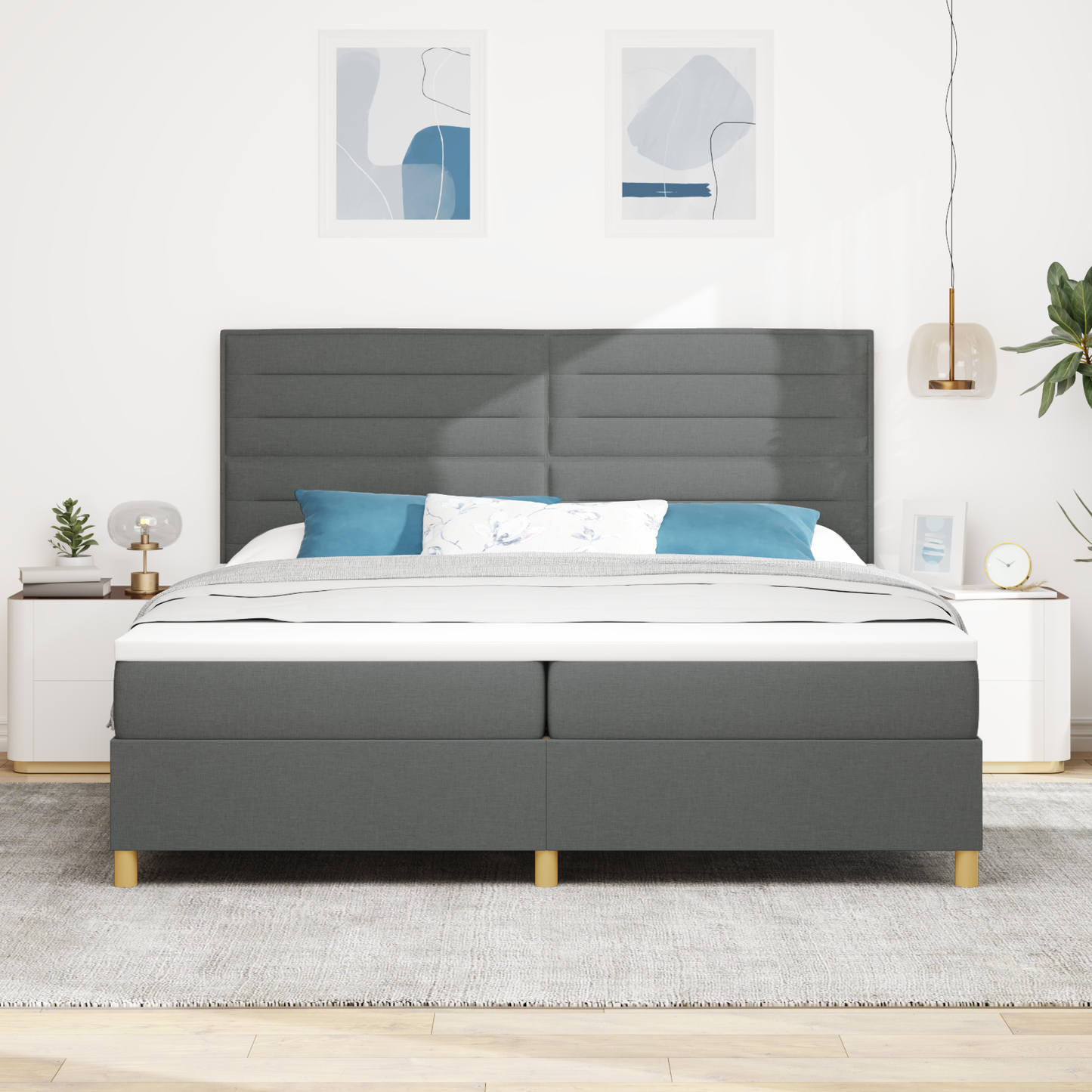 Box Spring Seng Med Hovedgærde Mørkegrå 200 X 200 Cm Stof