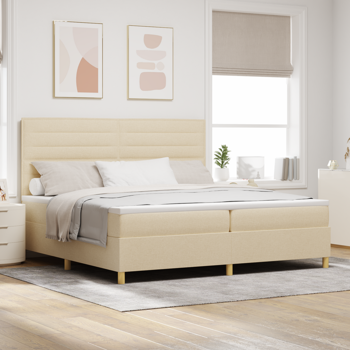 Box Spring Seng Med Hovedgærde Creme 200 X 200 Cm Stof