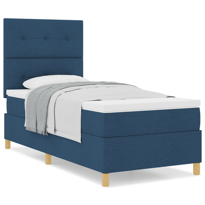 Box Spring Seng Med Hovedgærde Blå 90 X 200 Cm Stof
