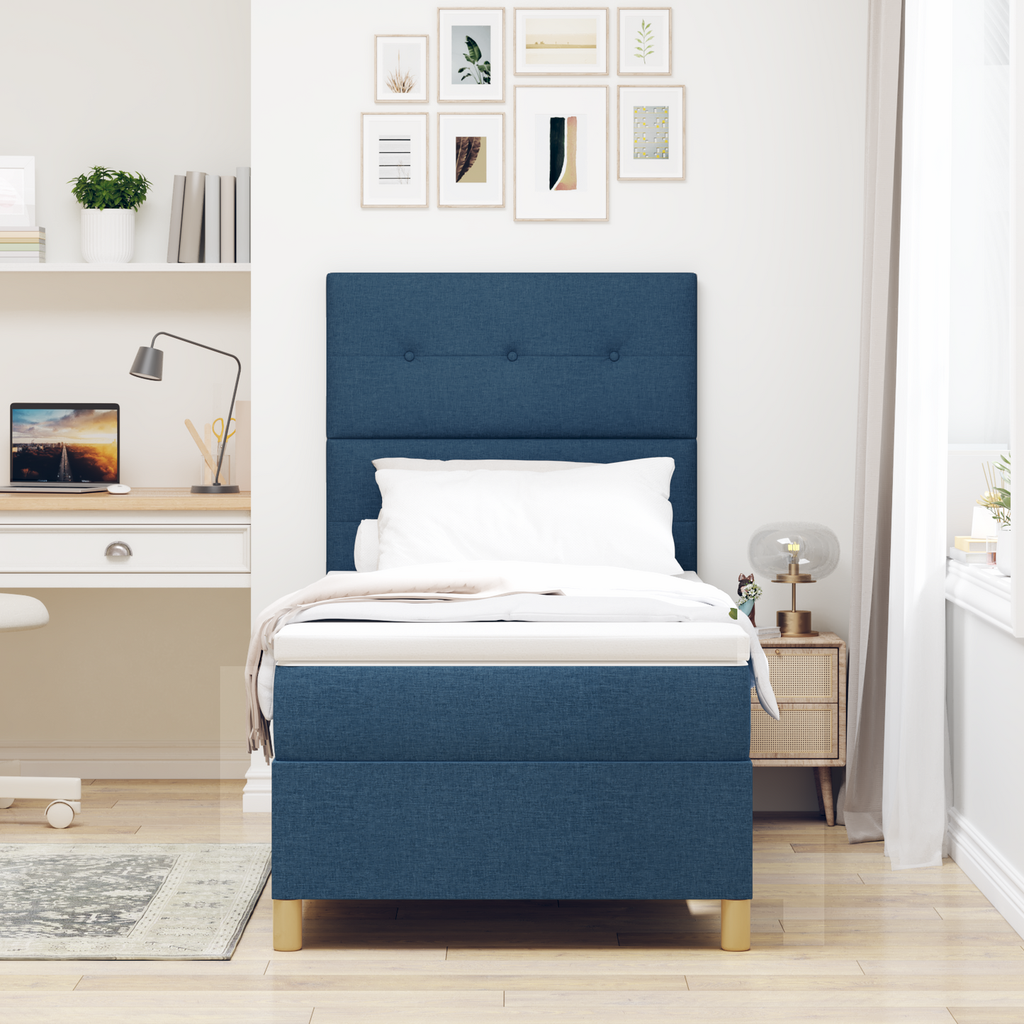 Box Spring Seng Med Hovedgærde Blå 90 X 200 Cm Stof