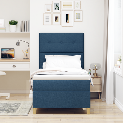 Box Spring Seng Med Hovedgærde Blå 90 X 200 Cm Stof