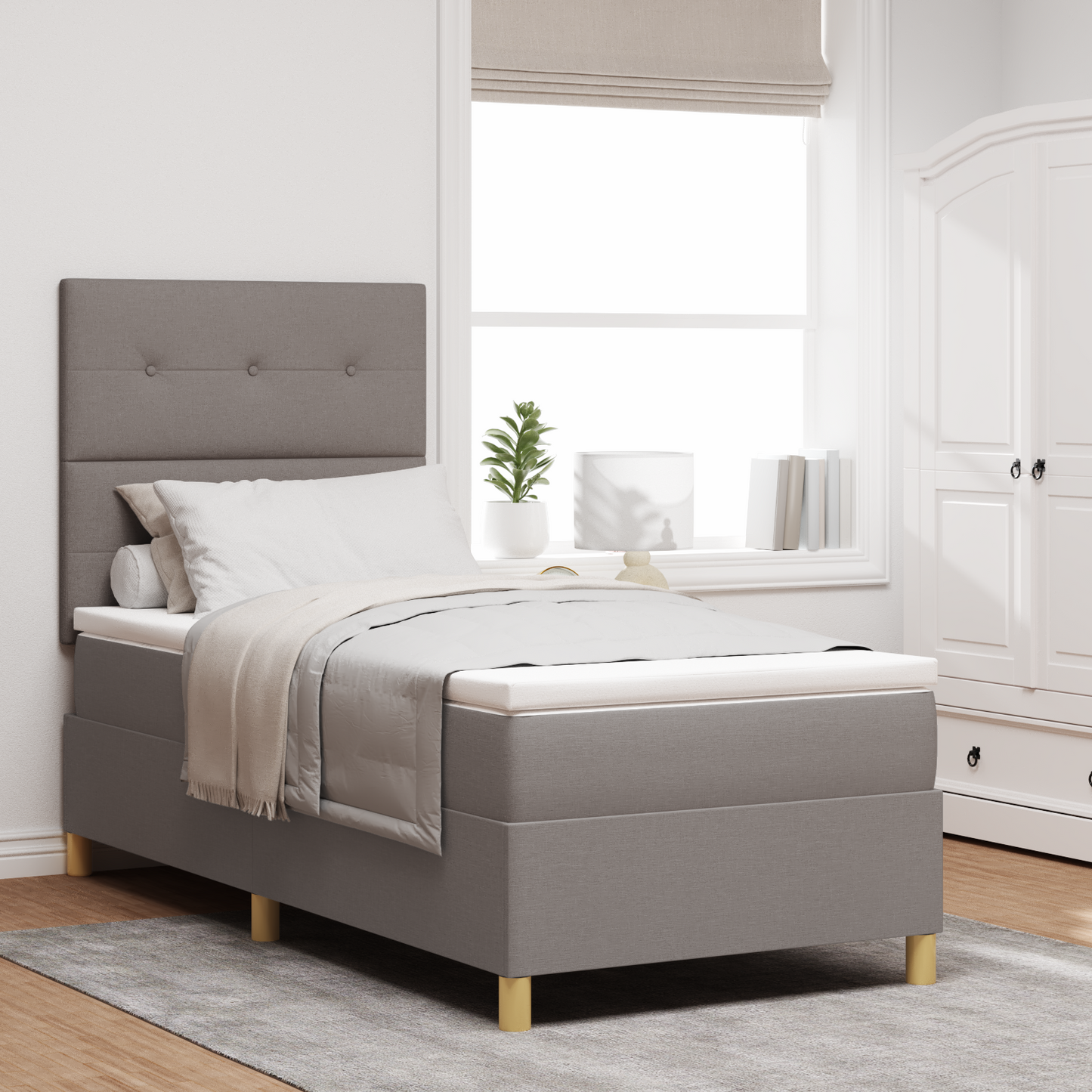 Box Spring Seng Med Hovedgærde Gråbrun 100 X 200 Cm Stof