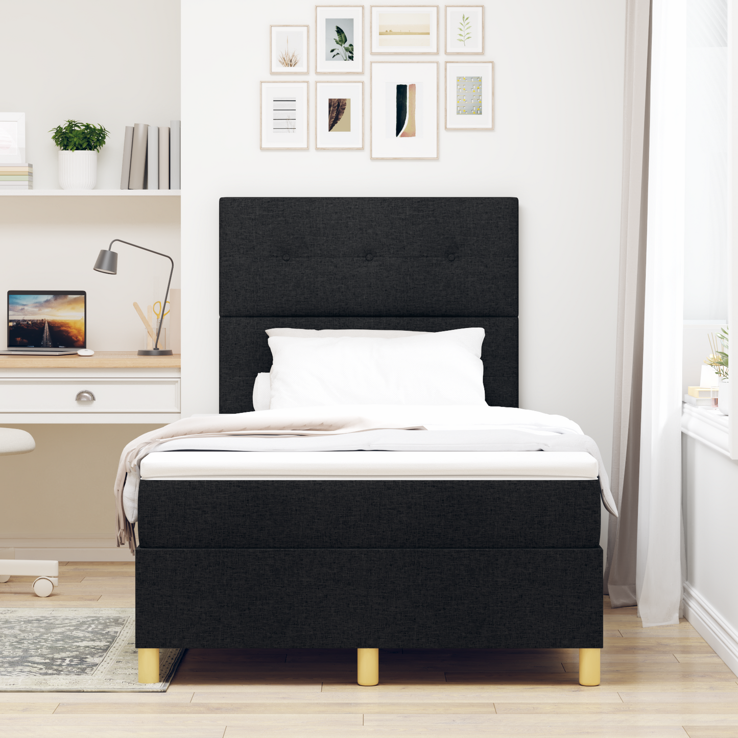 Box Spring Seng Med Hovedgærde Sort 120 X 200 Cm Stof