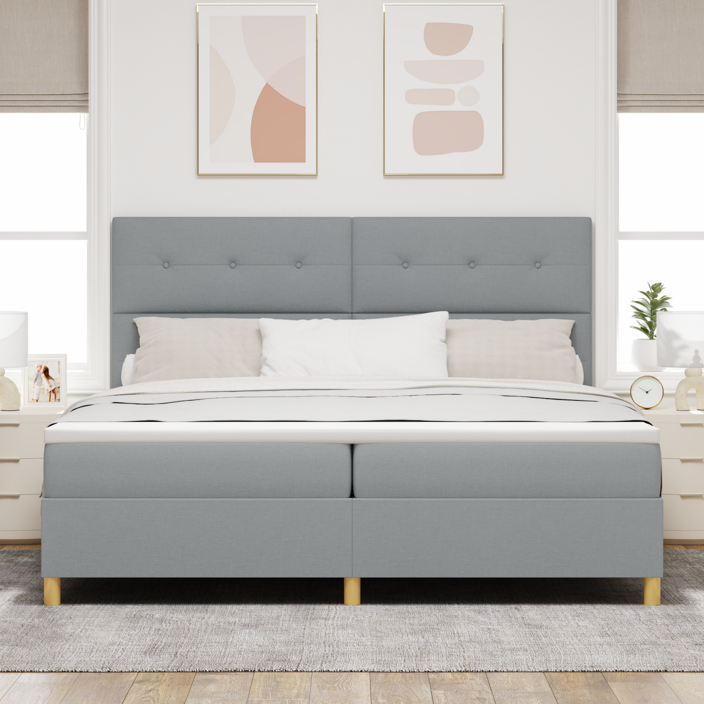 Box Spring Seng Med Hovedgærde Lysegrå 200 X 200 Cm Stof