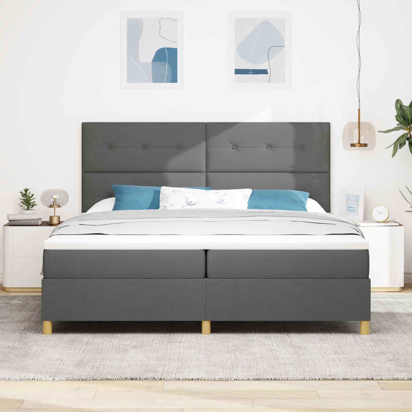 Box Spring Seng Med Hovedgærde Mørkegrå 200 X 200 Cm Stof