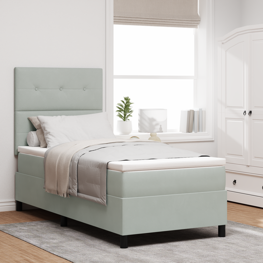 Box Spring Seng Med Madras Lysegrå Enkelt Fløjl