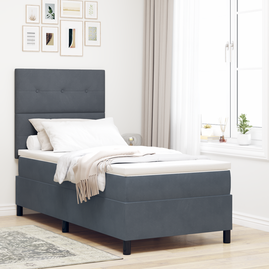 Box Spring Seng Med Madras Mørkegrå Enkelt Fløjl
