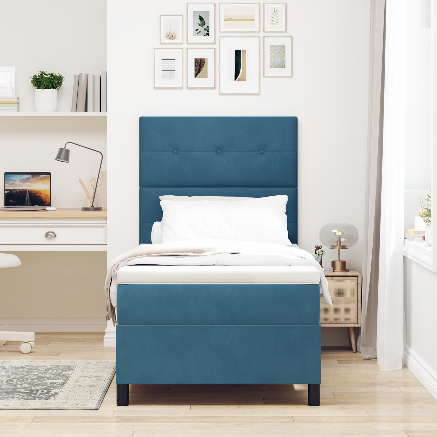 Box Spring Seng Med Madras Mørkeblå 90 X 200 Cm Fløjl