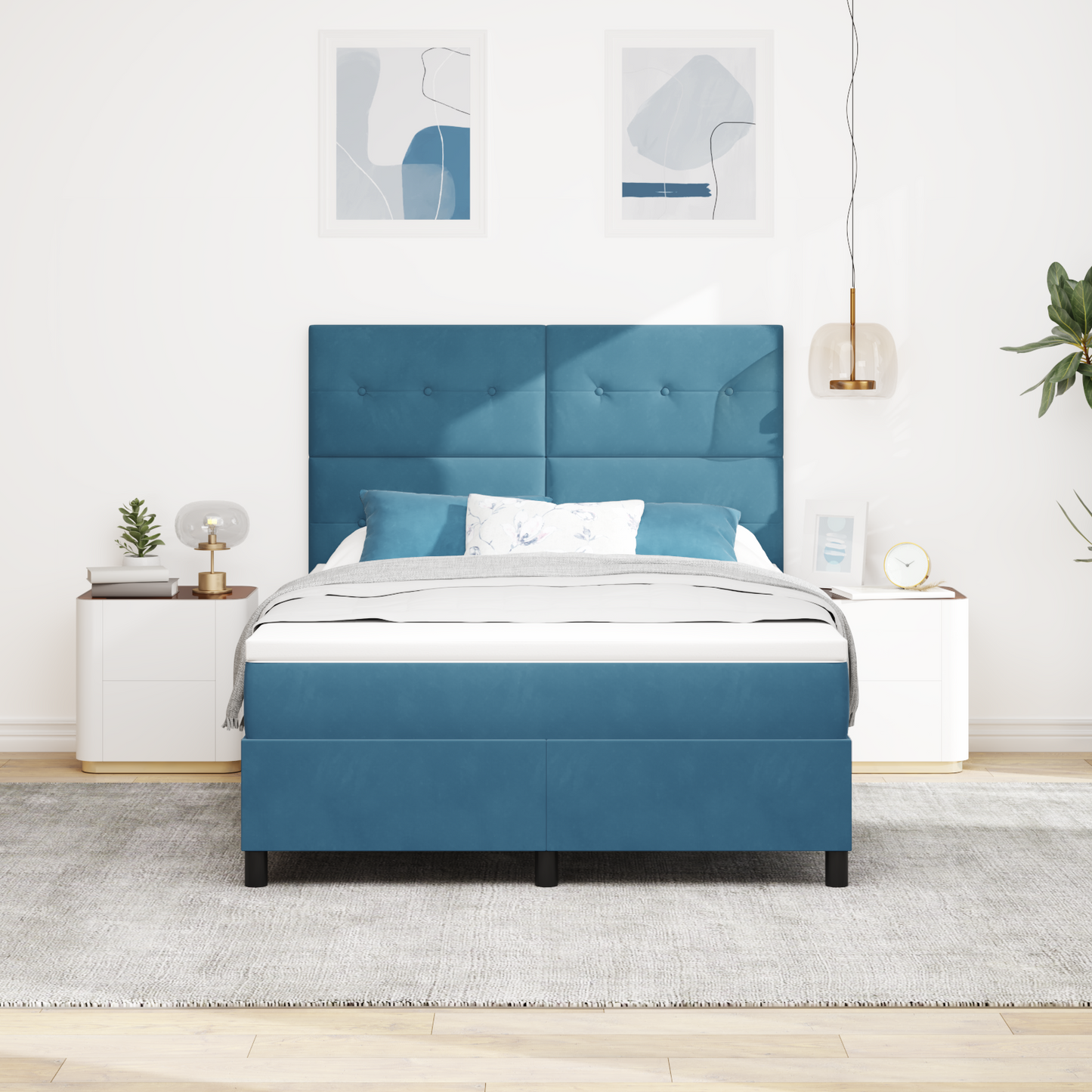 Box Spring Seng Med Madras Mørkeblå 140 X 200 Cm Fløjl