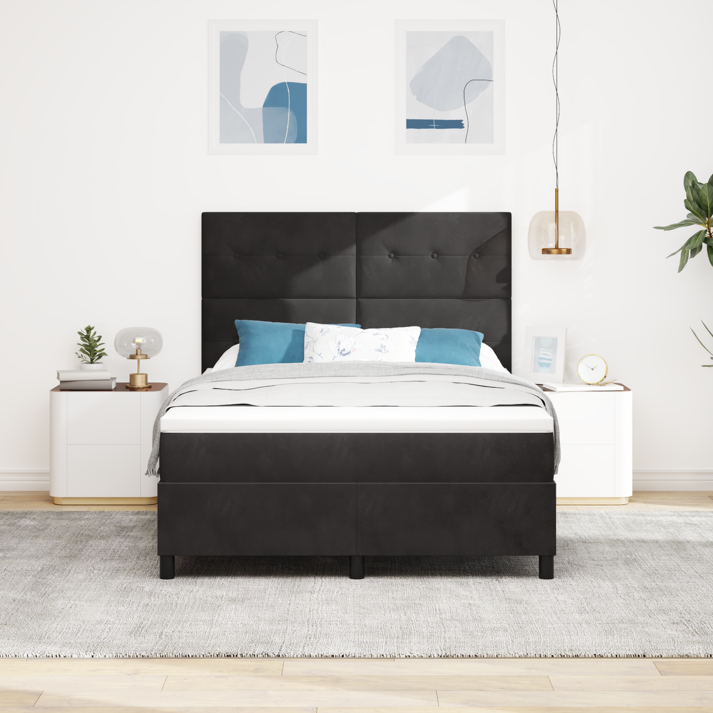 Box Spring Seng Med Madras Sort 160 X 200 Cm Fløjl