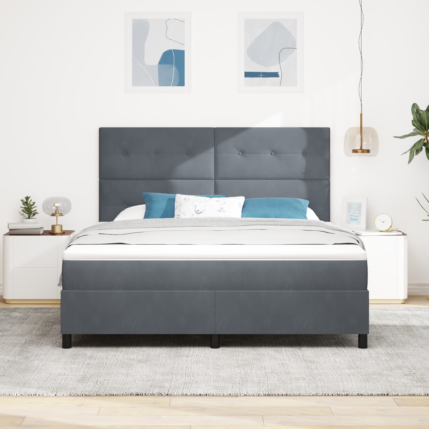 Box Spring Seng Med Madras Mørkegrå 180 X 200 Cm Fløjl