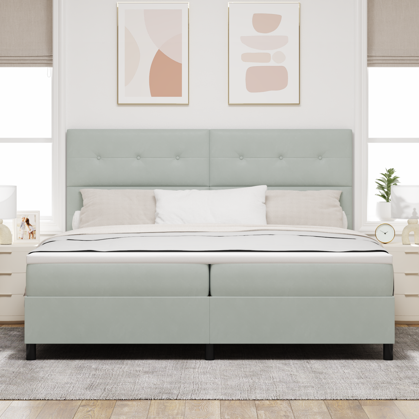Box Spring Seng Med Madras Lysegrå 200 X 200 Cm Fløjl