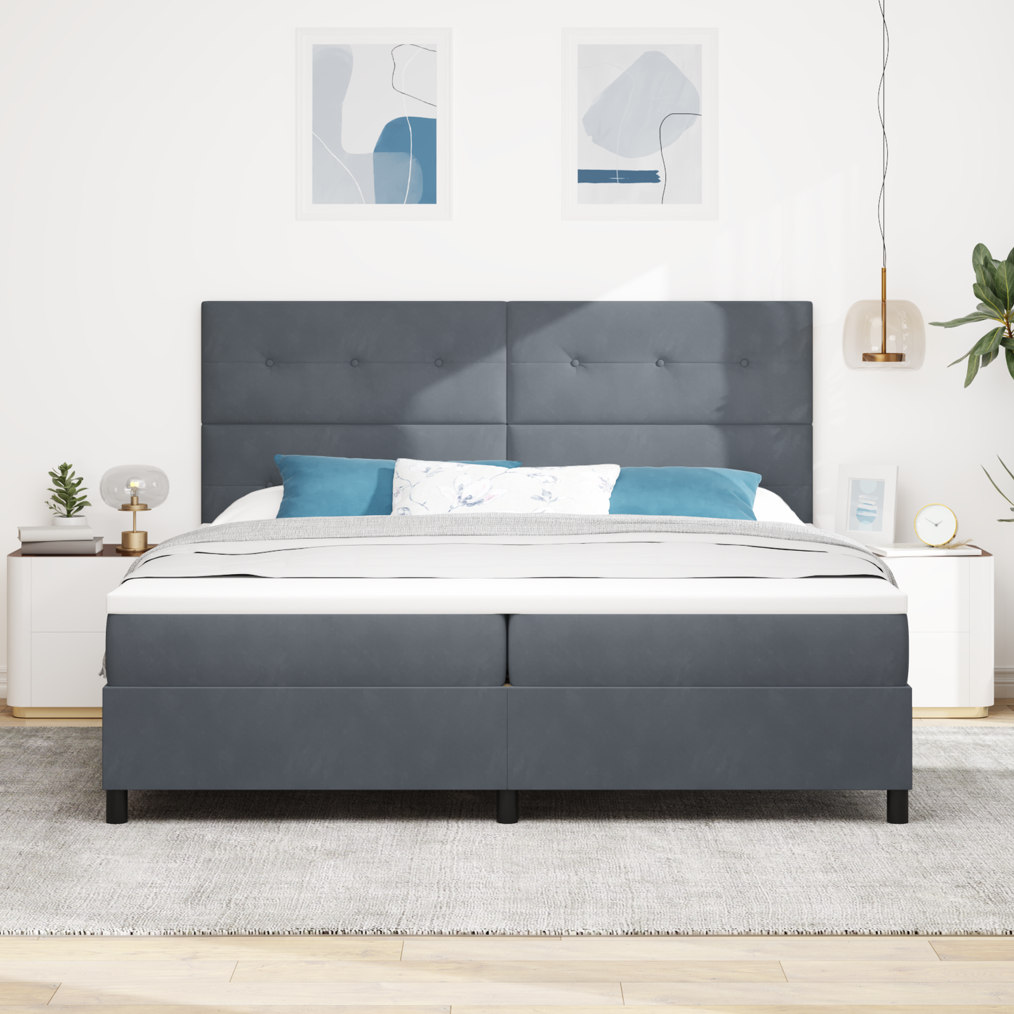 Box Spring Seng Med Madras Mørkegrå 200 X 200 Cm Fløjl