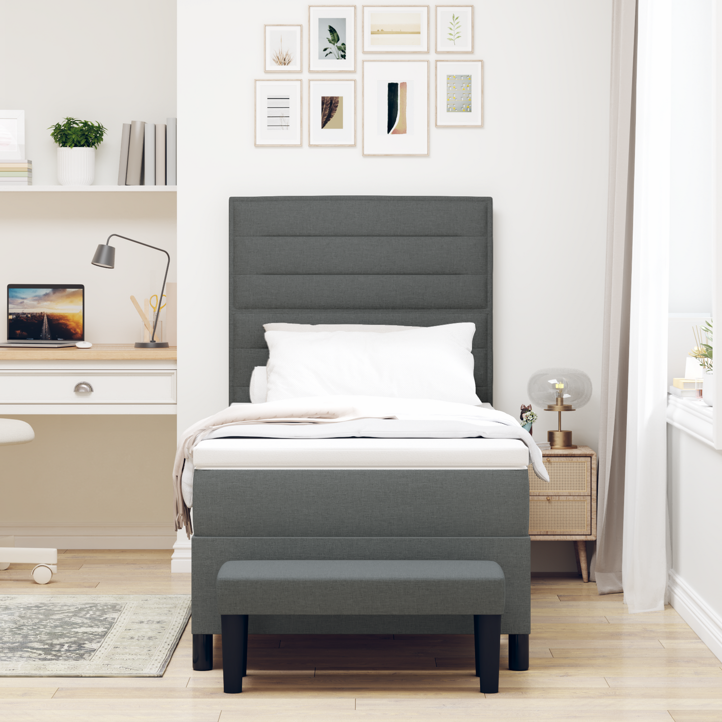 Box Spring Seng Med Madras Mørkegrå 90 X 200 Cm Stof