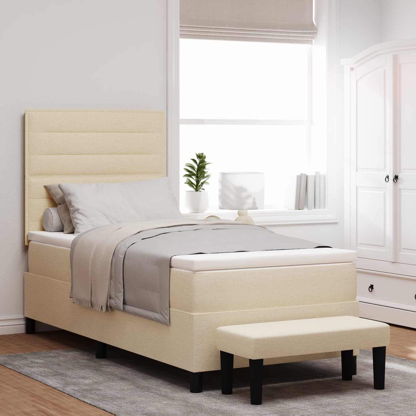Box Spring Seng Med Madras Creme 100 X 200 Cm Stof