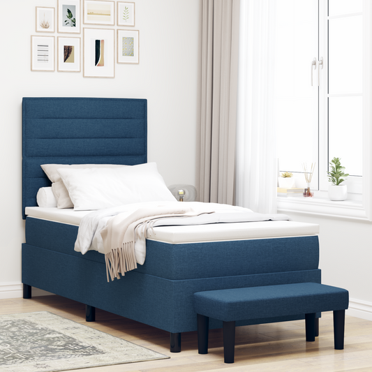 Box Spring Seng Med Madras Med Hovedgærde Blå 100 X 200 Cm Stof