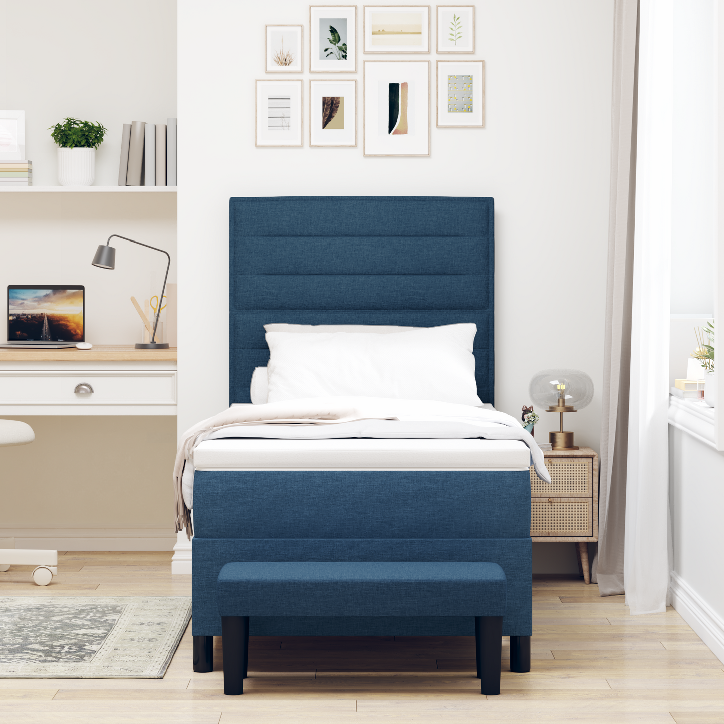 Box Spring Seng Med Madras Med Hovedgærde Blå 100 X 200 Cm Stof