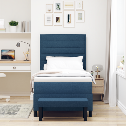 Box Spring Seng Med Madras Med Hovedgærde Blå 100 X 200 Cm Stof