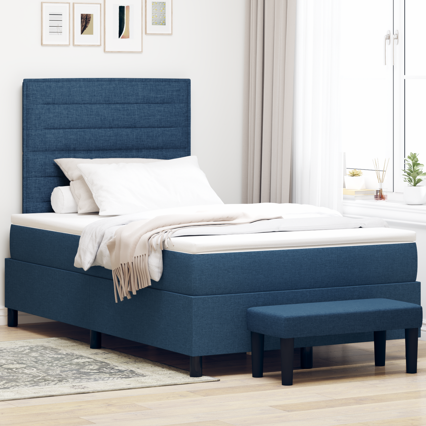 Box Spring Seng Med Madras Med Hovedgærde Blå 120 X 200 Cm Stof