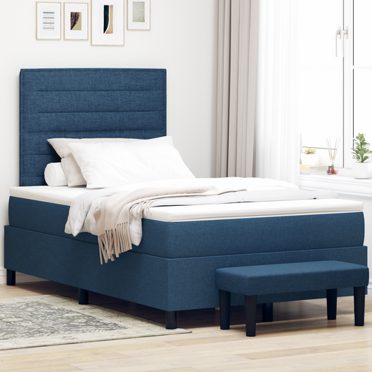 Box Spring Seng Med Madras Med Hovedgærde Blå 120 X 200 Cm Stof