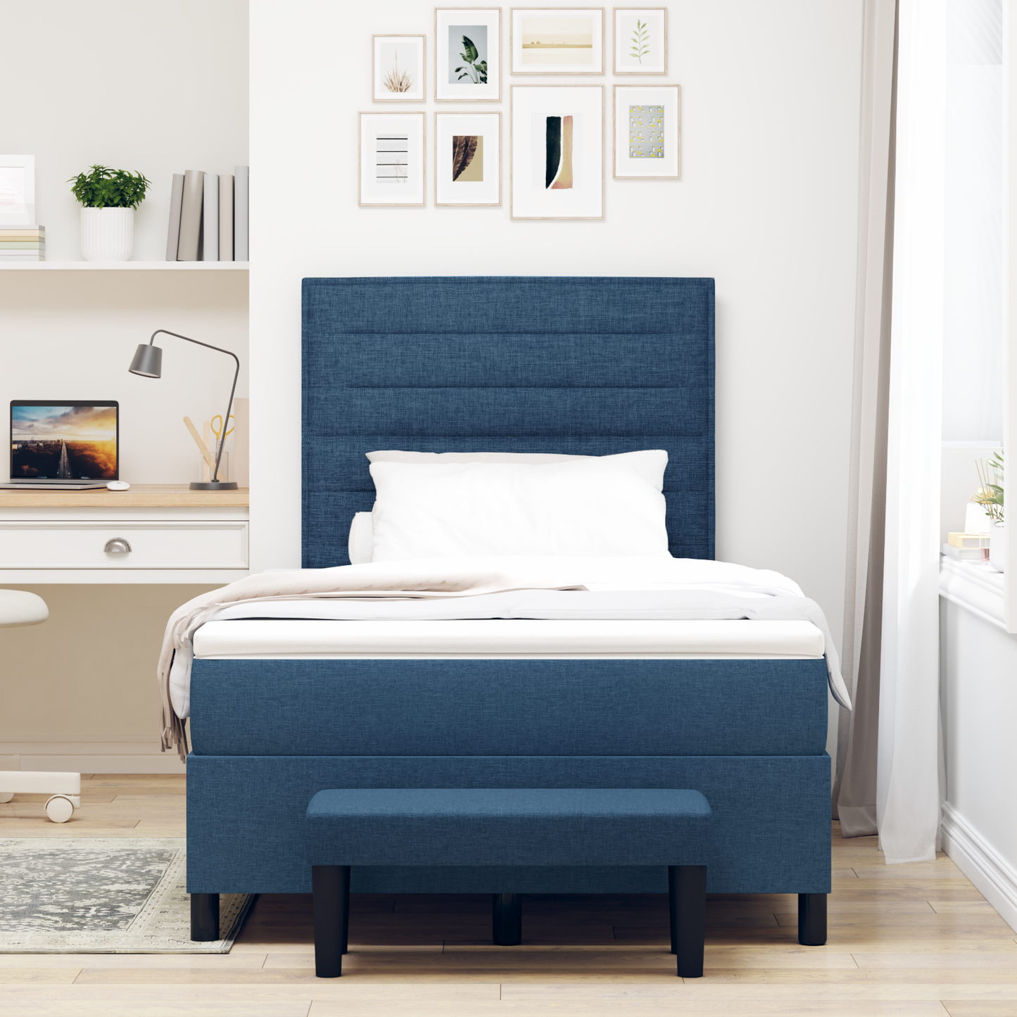Box Spring Seng Med Madras Med Hovedgærde Blå 120 X 200 Cm Stof