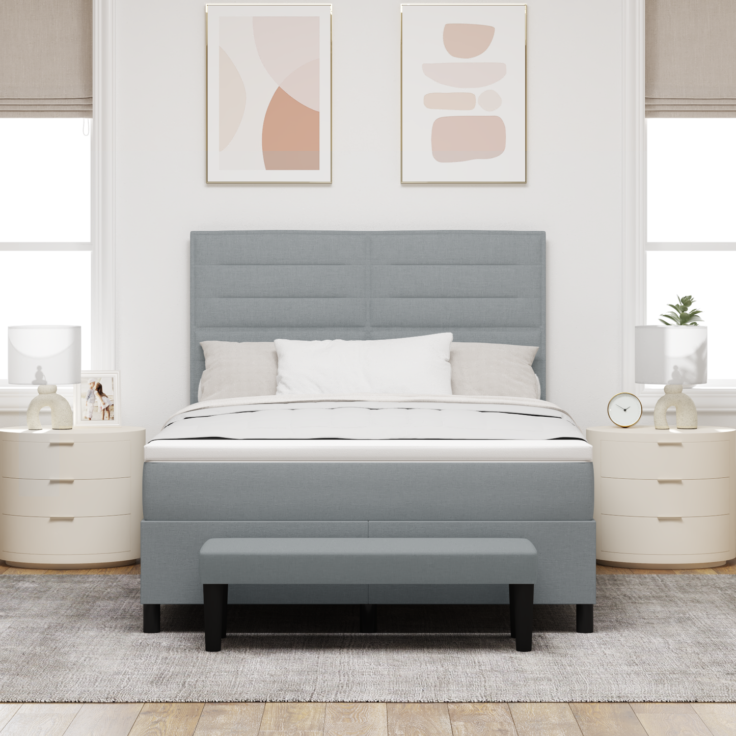 Box Spring Seng Med Madras Lysegrå 160 X 200 Cm Stof