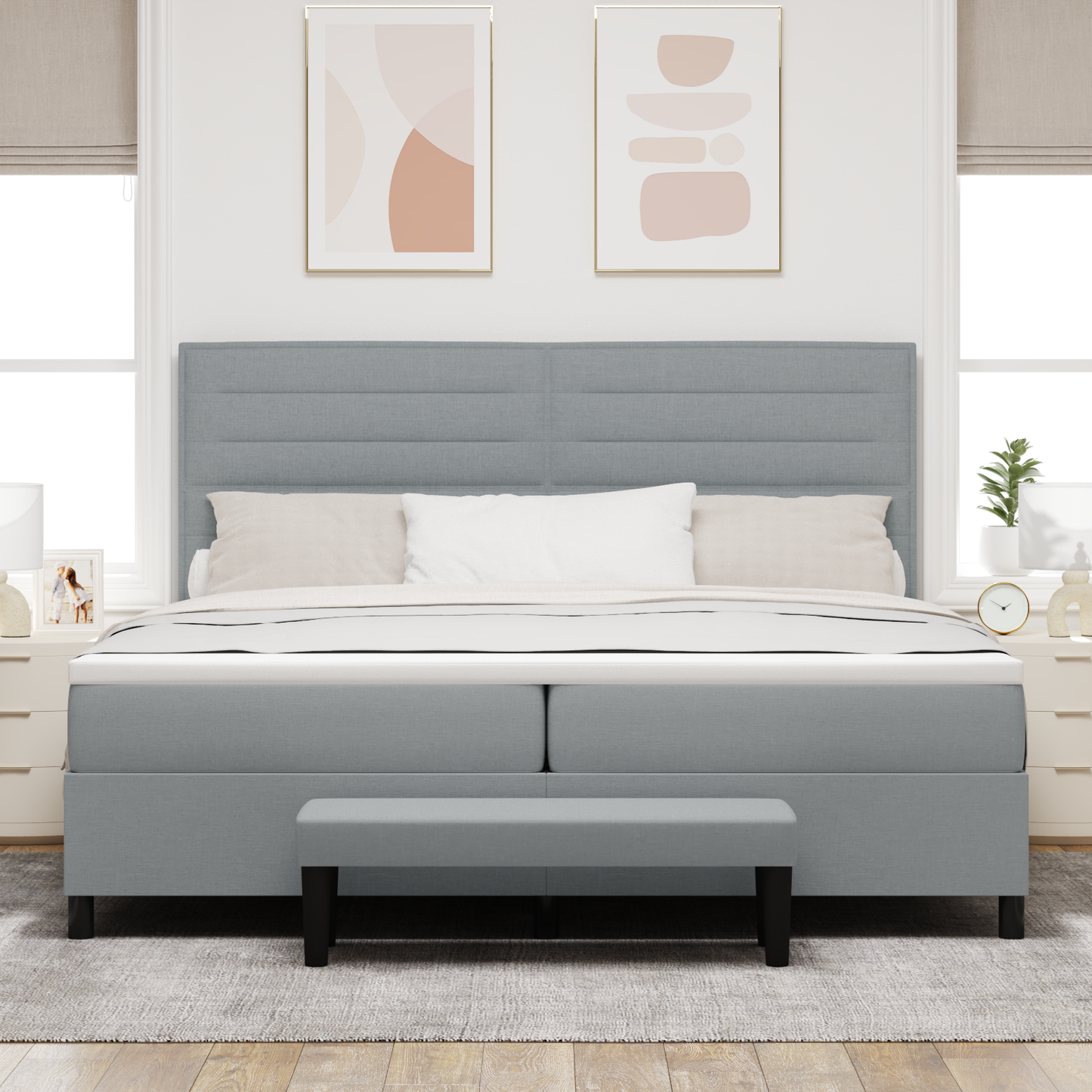 Box Spring Seng Med Madras Lysegrå 200 X 200 Cm Stof