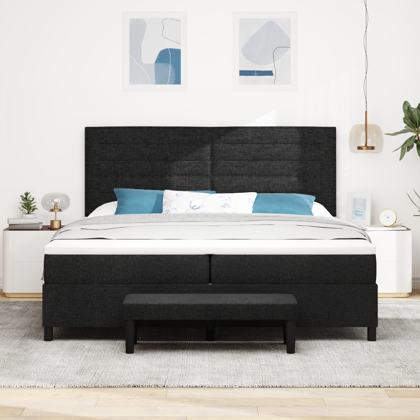 Box Spring Seng Med Madras Sort 200 X 200 Cm Stof