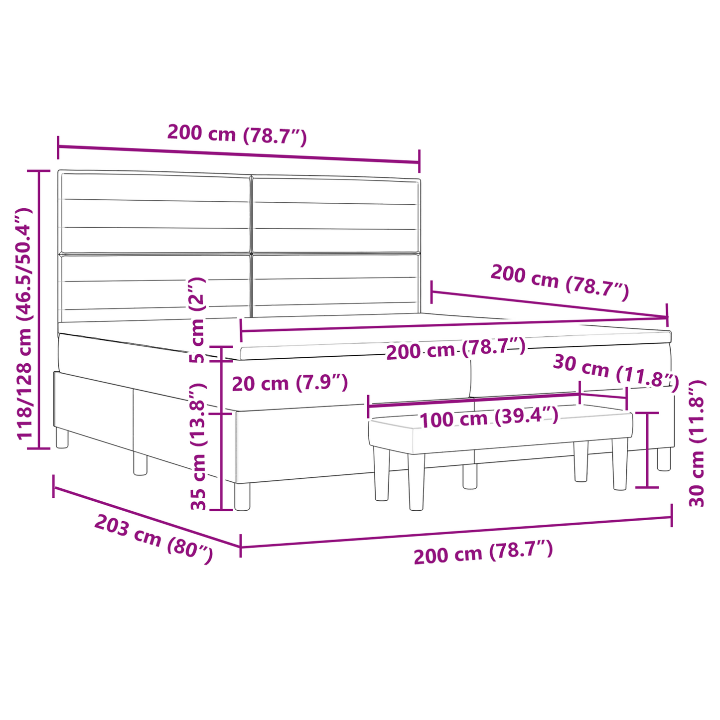 Box Spring Seng Med Madras Sort 200 X 200 Cm Stof