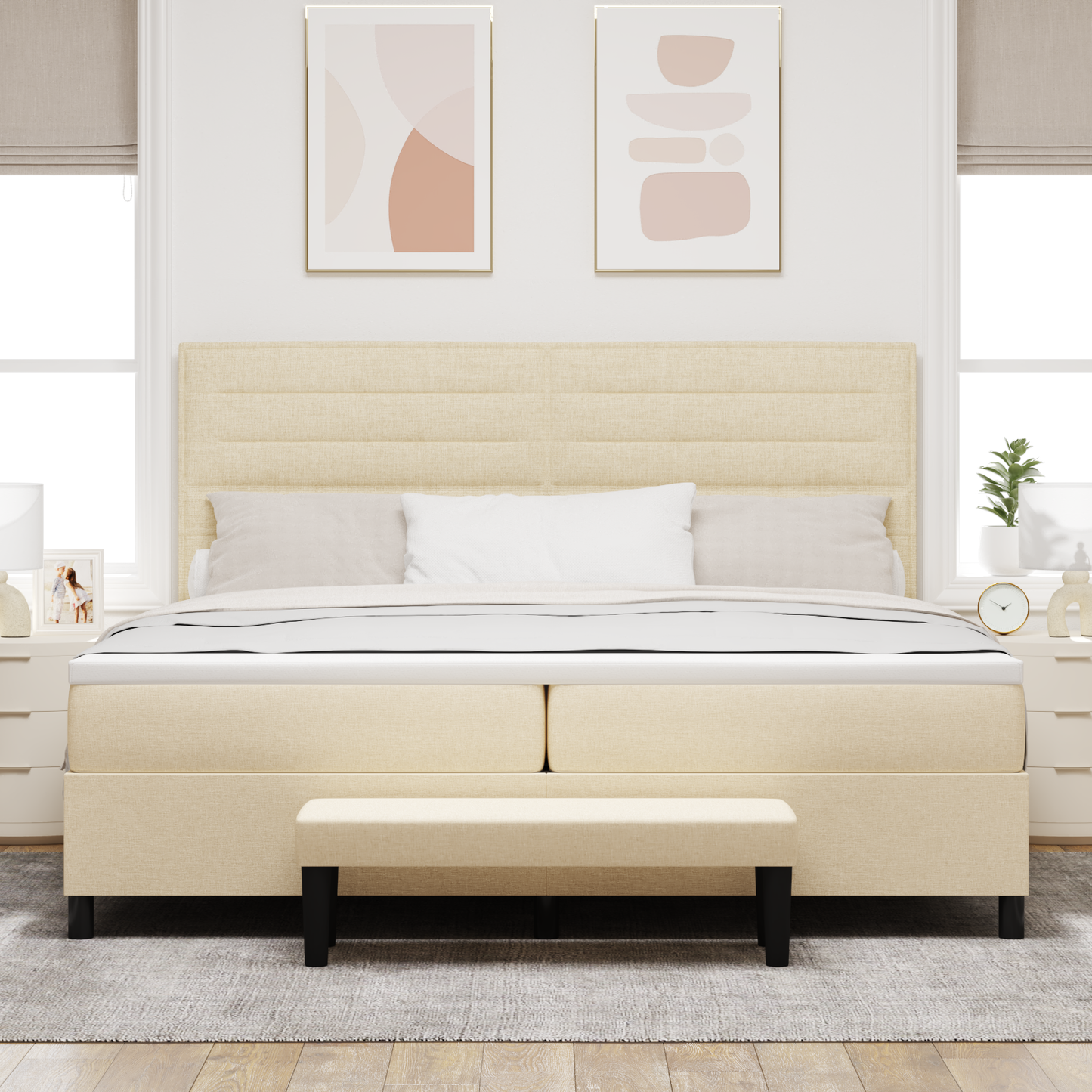 Box Spring Seng Med Madras Creme 200 X 200 Cm Stof