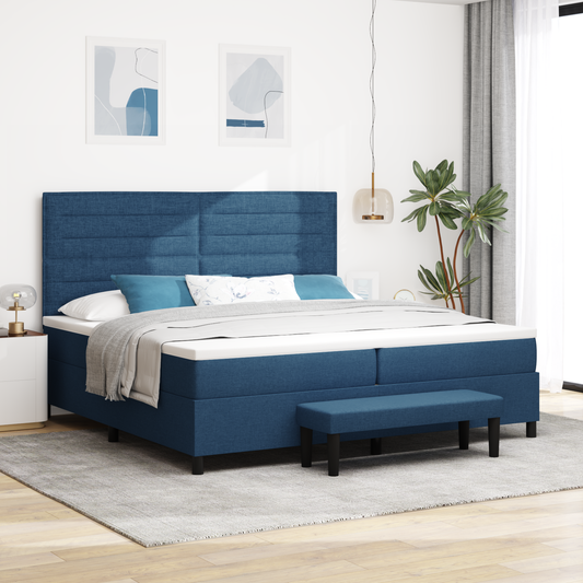 Box Spring Seng Med Madras Med Hovedgærde Blå 200 X 200 Cm Stof