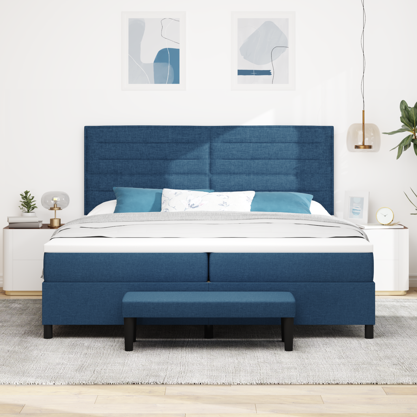 Box Spring Seng Med Madras Med Hovedgærde Blå 200 X 200 Cm Stof