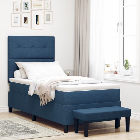 Box Spring Seng Med Madras Med Hovedgærde Blå 90 X 200 Cm Stof
