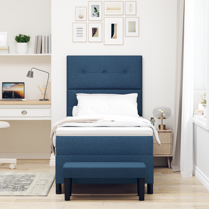 Box Spring Seng Med Madras Med Hovedgærde Blå 90 X 200 Cm Stof