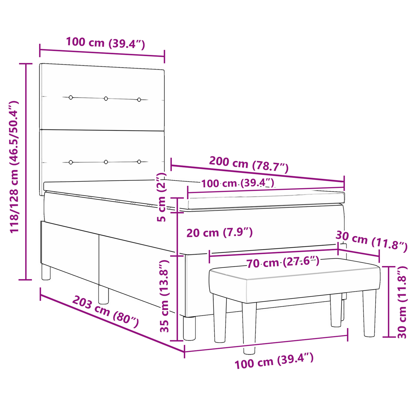 Box Spring Seng Med Madras & Bænk Mørkegrå 100X200 Cm Stof