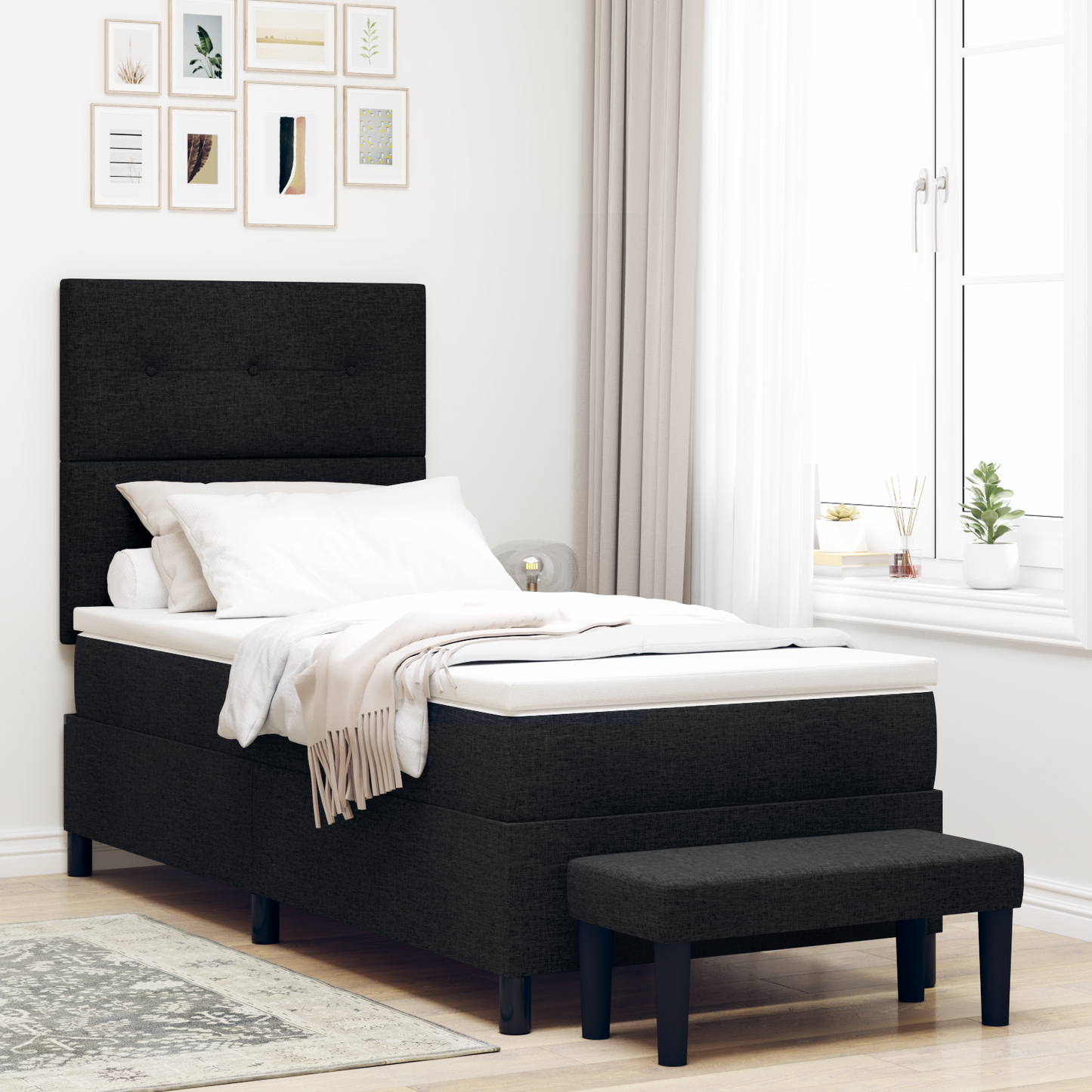 Box Spring Seng Med Madras Sort 100 X 200 Cm Stof